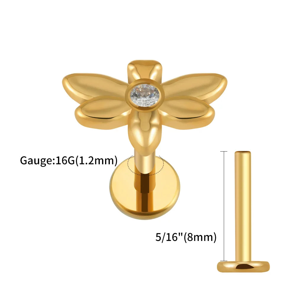Right Grand ASTM F136 Titanium 16G Internally Threaded CZ Dragonfly Helix Cartilage Tragus Earring Labret Lip Stud Piercing
