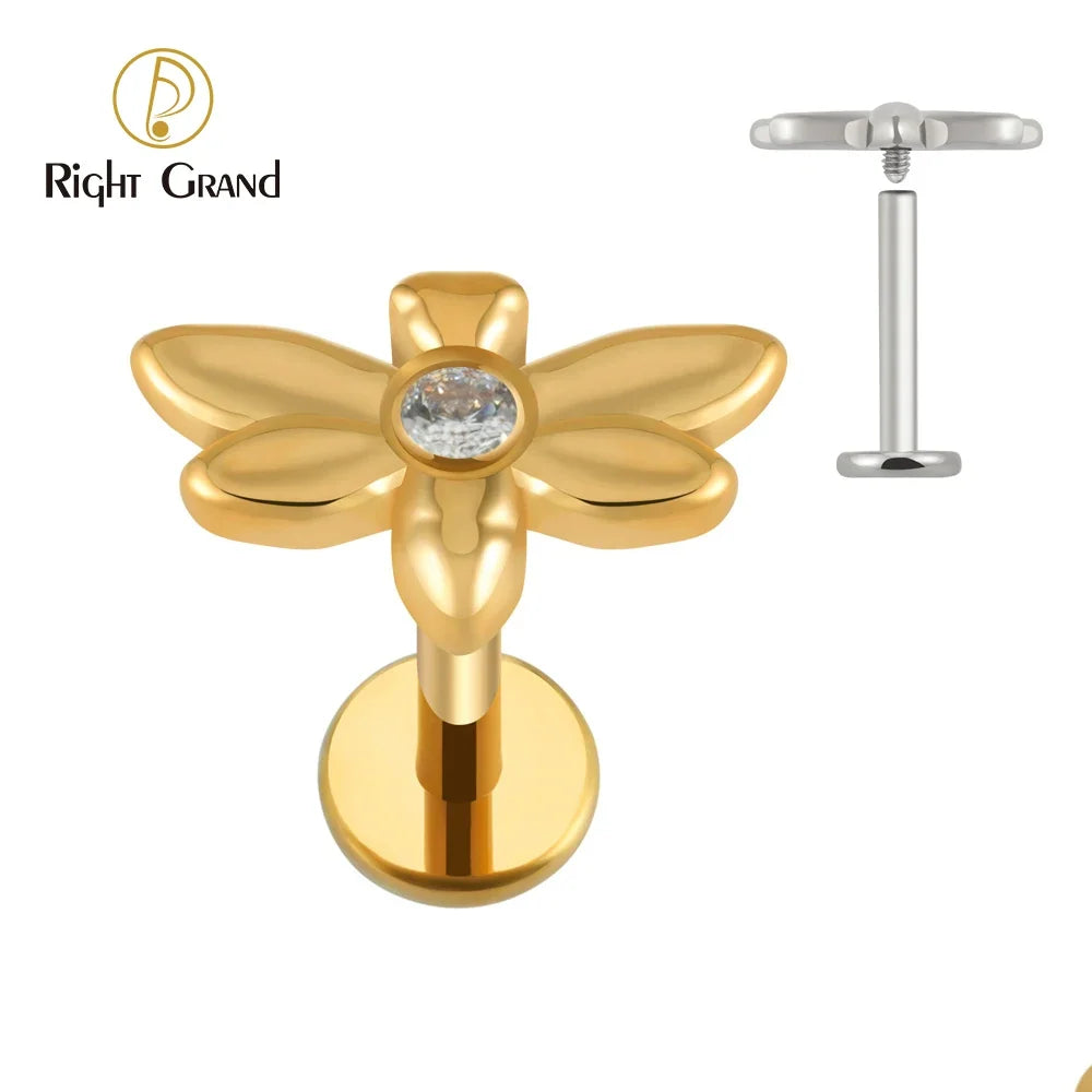 Right Grand ASTM F136 Titanium 16G Internally Threaded CZ Dragonfly Helix Cartilage Tragus Earring Labret Lip Stud Piercing