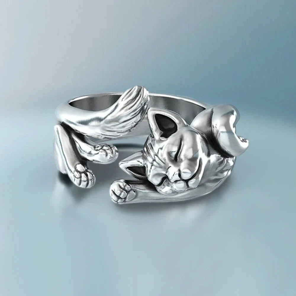 Huitan Cute Fortune Cat Shape Women Opening Rings Silver Color Dance Party Finger Ring Delicate Lady Gift New Fashion Jewelry