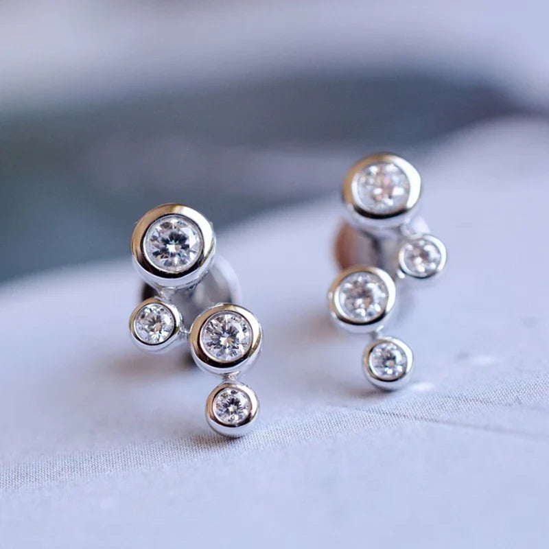 Huitan Minimalist Silver Color Stud Earrings for Women Round Cubic Zirconia Low-key Lady Ear Earrings Nice Gift Fashion Jewelry