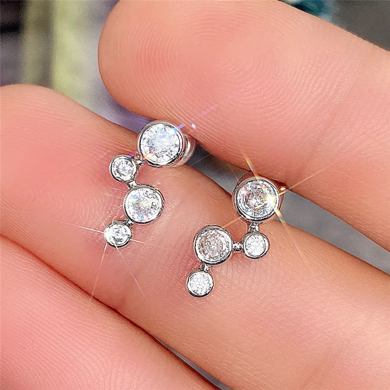 Huitan Minimalist Silver Color Stud Earrings for Women Round Cubic Zirconia Low-key Lady Ear Earrings Nice Gift Fashion Jewelry