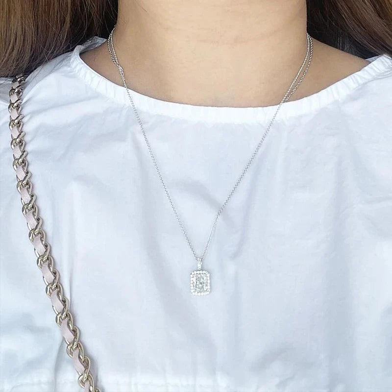 Huitan Luxury Fashion Square Cubic Zirconia Pendant Necklace for Women Wedding Accessories Simple Stylish Design Trendy Jewelry