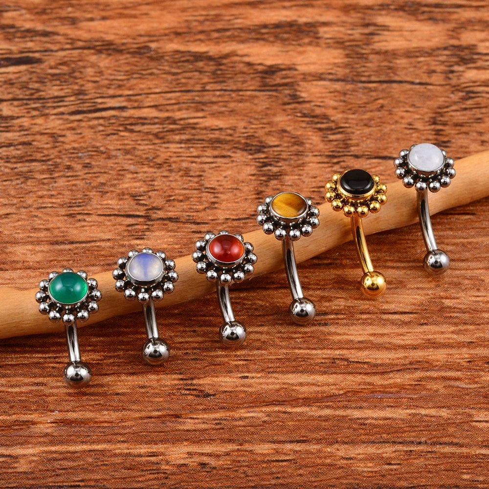 Right Grand ASTM F136 Titanium 16G Flower Rook Earring with Semi Precious Stone Eyebrow Curved Barbell Earring Piercing Jewelry