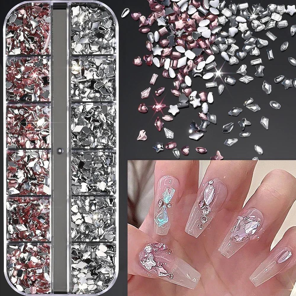 12Grids Ocean Gold Nail Art Charms Shell/Seahorse/Starfish White Half Round Pearl Gems 3D Mixed Punk Manicure Metal Rivets Studs