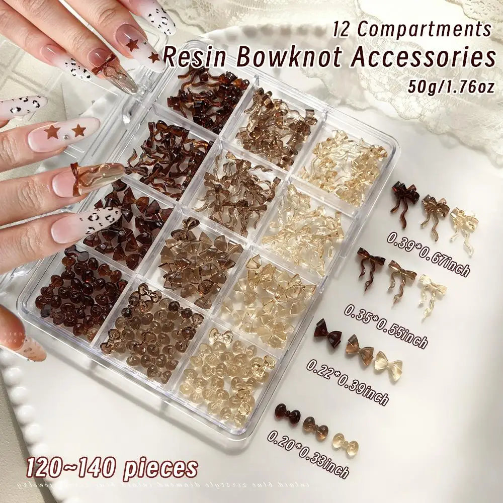 12Grids 3D Mini Maillard Brown Bowknot Kawaii Ribbon Bow New Year Nail Art Decorations Autumn Winter Y2K Bowtie Nail Rhinestones