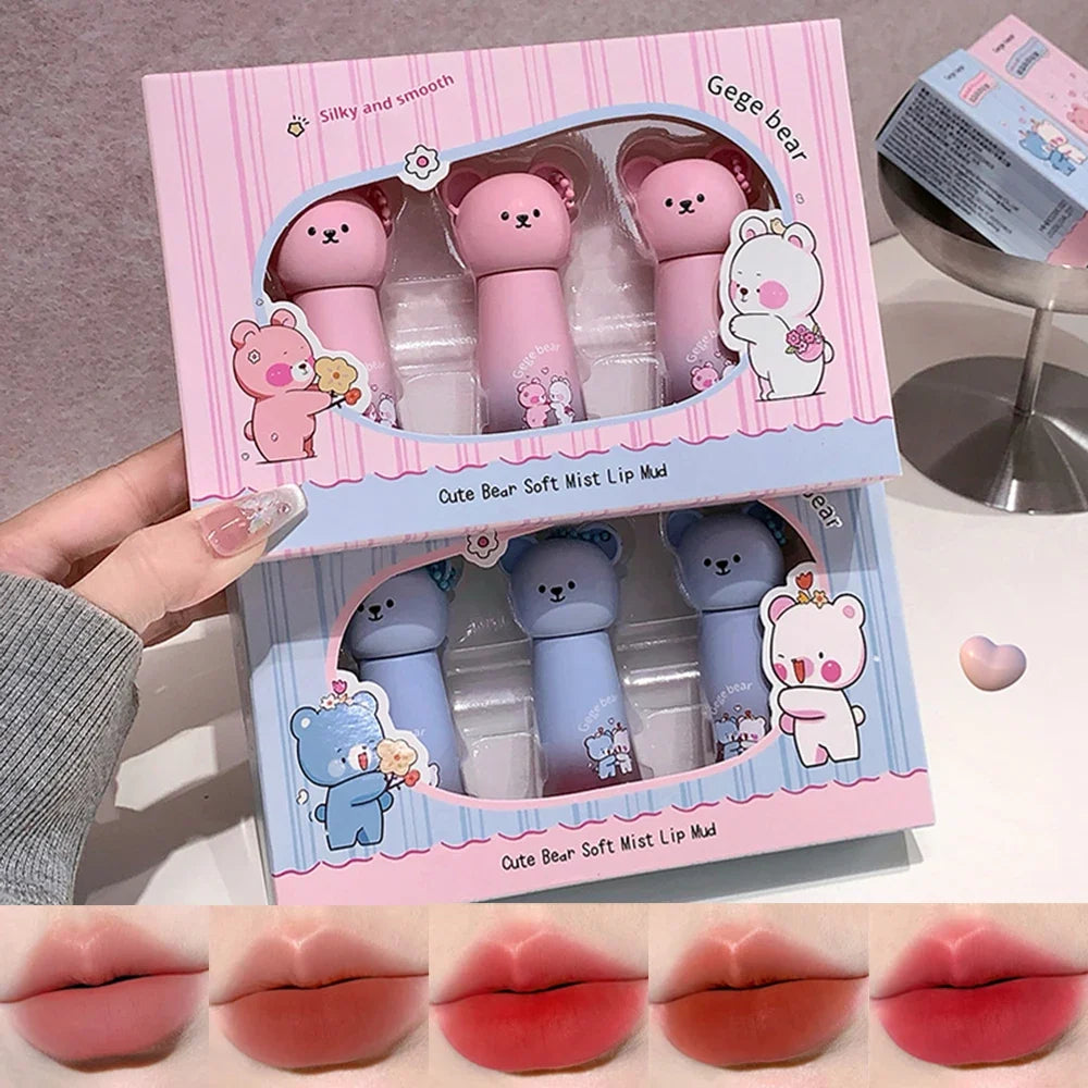 Gege Bear Cute Bear Pendant Matte Lip Glaze, Matte Velvet Lip Clay Long-lasting Color Non-drying Autum Winter Lipstick