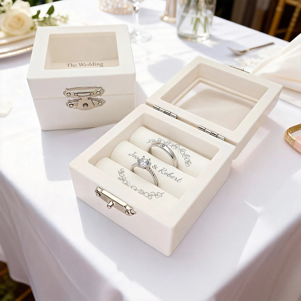 Wedding Ring Box Personalized White Customized Wedding Ring Holder Ceremony Ring Box Custom Name Ring Box