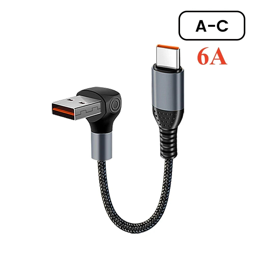 66W 6A Right Angle USB C Cable, Short USB C to USB C / USB A to USB C Braided Fast Charging Power Bank Cord 25CM 50CM for Travel