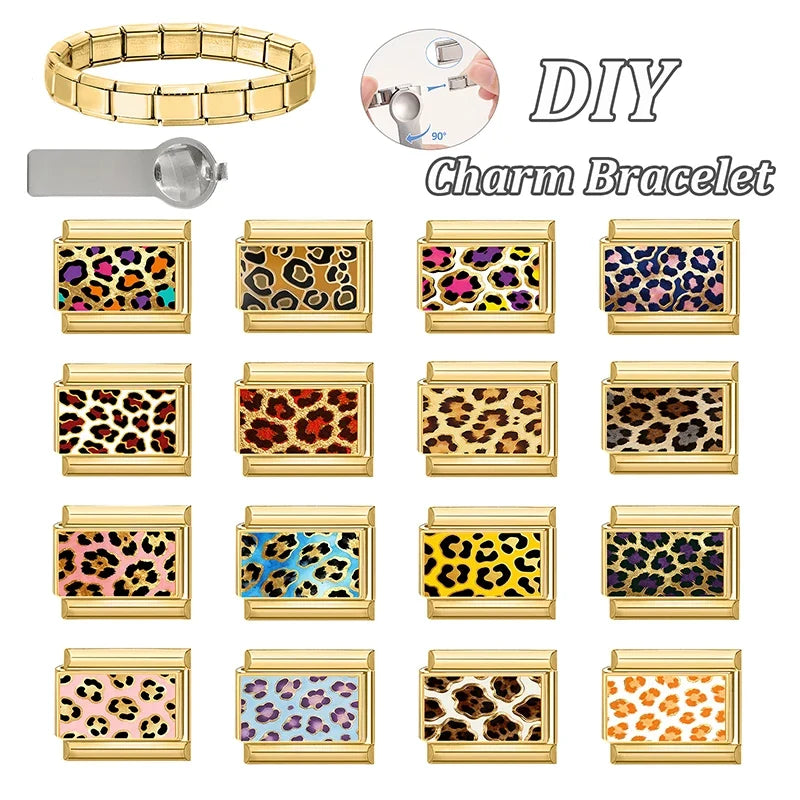 New Fashion Leopard Pattern Series Y2K Golden Italian Charm Links Fit 9MM Stainless Steel Bracelet DIY Making Jewelry