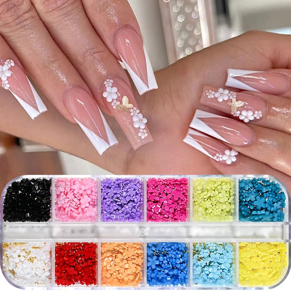 12Grids 3D Acrylic Flowers Nail Charms(with Steel Beads) Colorful Five-petal Flower Nail Art Decorations DIY Manicure Supplies &
