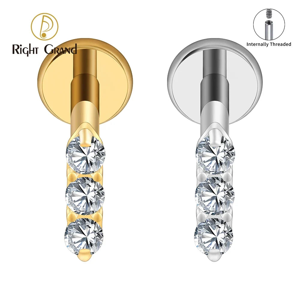 Right Grand ASTM F136 Titanium Tiny Triple CZ Bar Labret Lip 16G Flat Back Cartilage Helix Tragus Nose Stud Piercing Jewelry