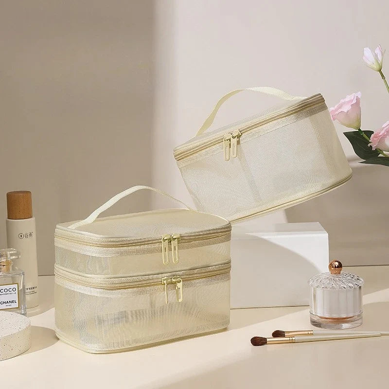 Mesh Cosmetic Bag Portable Handheld Zipper Makeup Organizer Bag Transparent Travel Toiletry Wash Storage Handbag