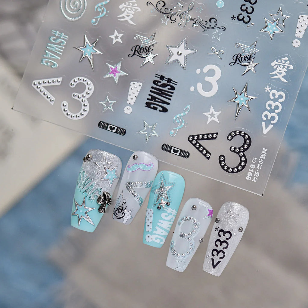 Metal Y2K Millennium Spicy Girl Nail Stickers Blues Vintage Blue Mark Silver Edge Musical Note Star Number Nail Accessories DIY