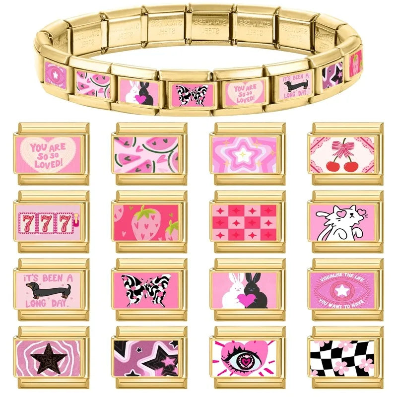 Y2K Wholesale 777 Flowers Dachshund Dogs Gold Italian Charm Link Fit 9mm Stainless Steel Jewelry DIY Making Women Bracelets Gift