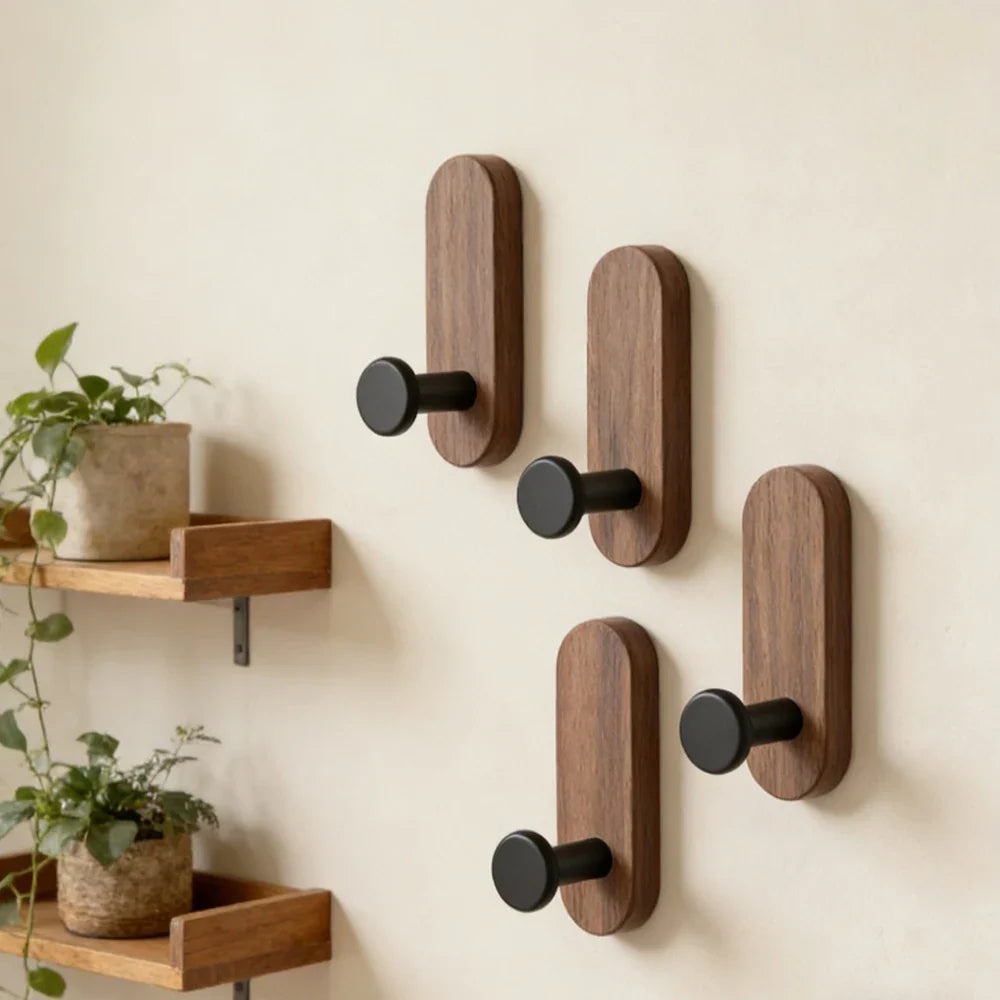 Self Adhesive Wall Hooks Nordic Wooden Hooks for Hanging Coat Clothes Bathroom Kitchen Towel Storage Hanger Entryway Key Holder