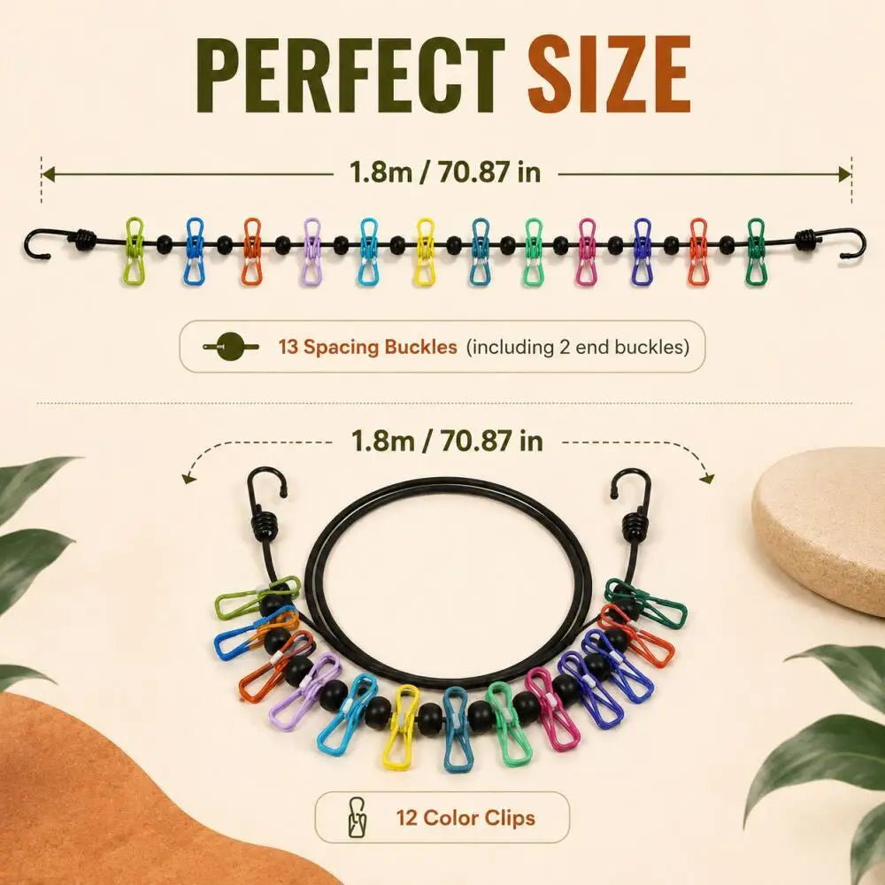 1.8 m portable elastic clothesline with 12 color clips, anti-slip, travel outdoor camping, windproof clothes drying rope