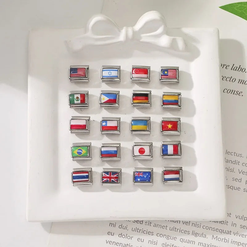 2025New Colorful World National Flag Photo Italian Charm Link Fit 9mm Women Men Bracelet Stainless Steel Jewelry Making Bead DIY