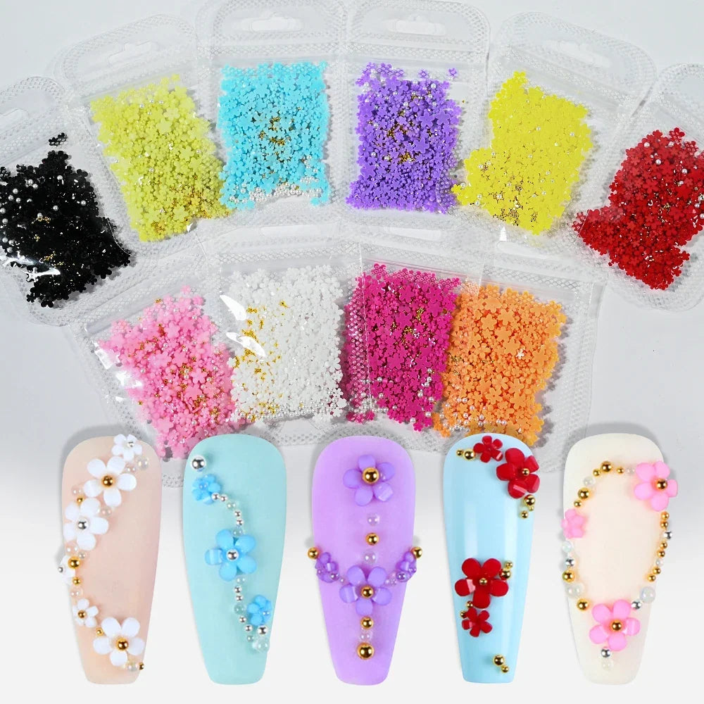 5G (450pcs) White Pink Blossom Spring Acrylic Flower Nail Rhinestones Mixed Pearl Beads 3D Floral Nail Gems White Resin Nail Par