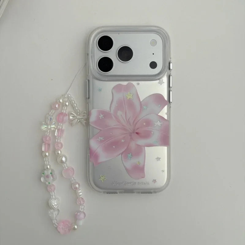 Pink Lily Flower Pattern IMD Silver Mobile Phone Case with Chain for iPhone 18, 17,  6, 15, 14, 13, Pro, Promax, Shockproof