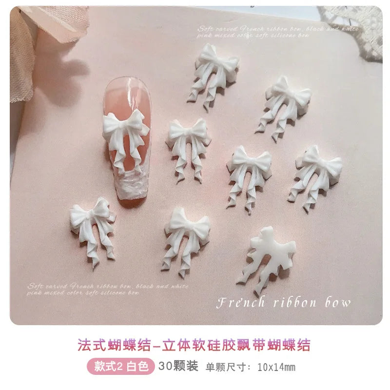 30Pcs Soft Acrylic Ribbon Bow Tie Nail Art Charms Accessories For Manicure Decor Sweet Girl Nails Decoration Supplies Material