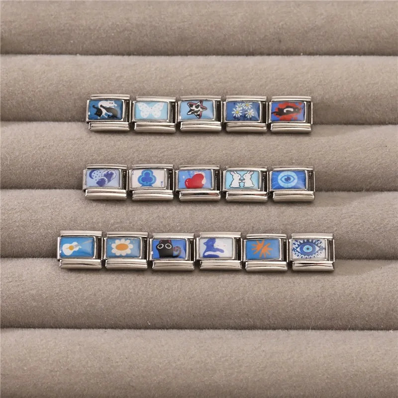2025 Design Blue Series Black Cats Rabbit Eye Flower Sun Italian Charm Links Stainless Steel Fit 9mm Bracelet Jewelry DIY Making