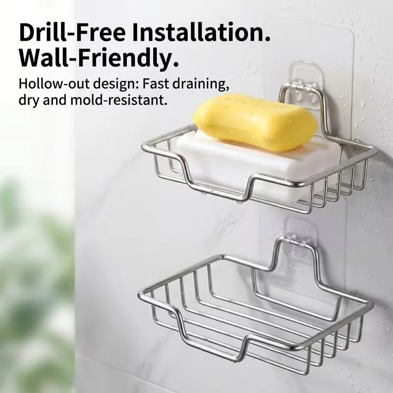 Multi-Purpose under Sink Organizer Silvery Stainless Steel Soap Dish Wall Mounted No Drill Soap Holder with Drainage 1/2/3pcs Se
