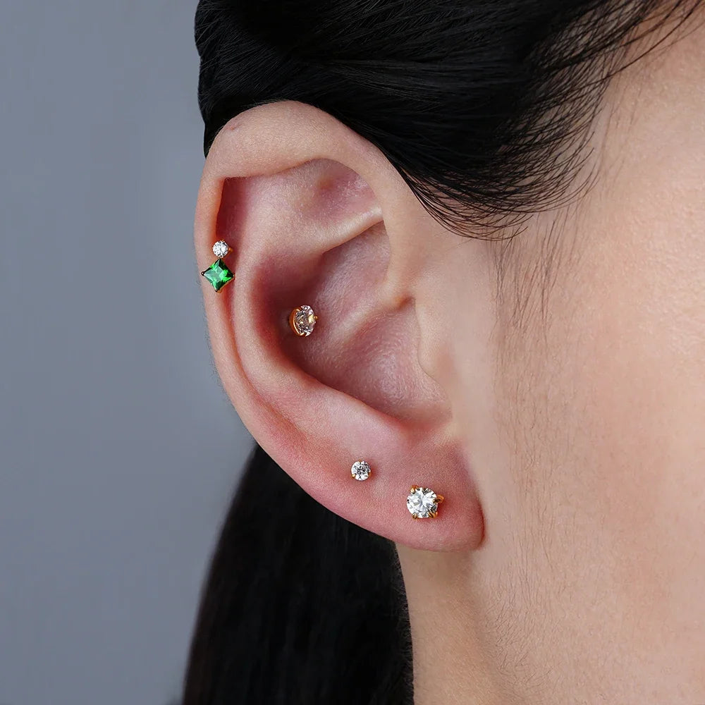 Right Grand ASTM F136 Titanium 16G Square & Round CZ Labret Stud Helix Conch Cartilage Earring Tragus Stud Piercing Body Jewelry
