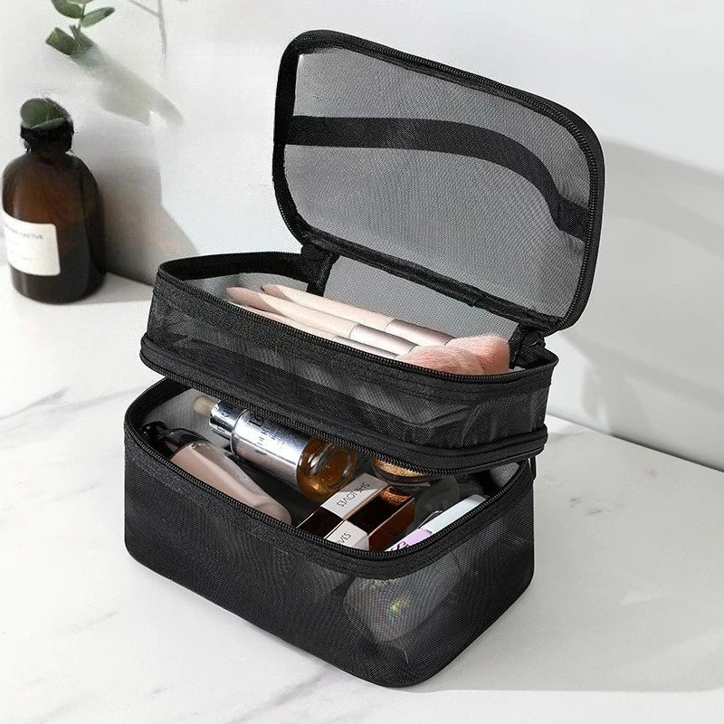 Mesh Cosmetic Bag Portable Handheld Zipper Makeup Organizer Bag Transparent Travel Toiletry Wash Storage Handbag