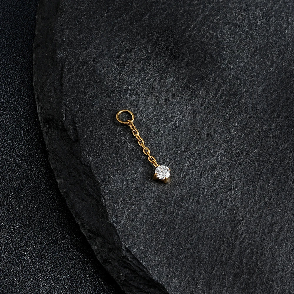 Right Grand ASTM F136 Titanium CZ Dangle Chain Cartilage Earring Charm Round CZ Pendant for Upper Lobe Clicker Piercing Jewelry