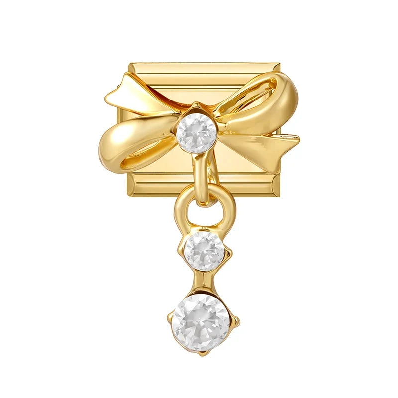 Fashion Dreamy Luxury Gold Color Series Red Heart Bows Zircon  Italian Charms Fit 9mm Stainless Steel Women Bracelet DIY Jewelry