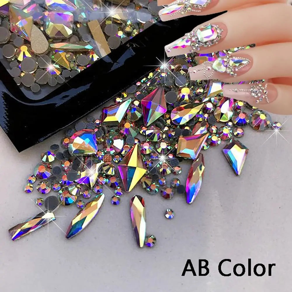 1Bag 3D AB/Clear Mixed-Shaped Round Nail Art Charms Sparkly Flatback Gold/Red Mini Rhinestones Nail Art Decorations Gems Diamond