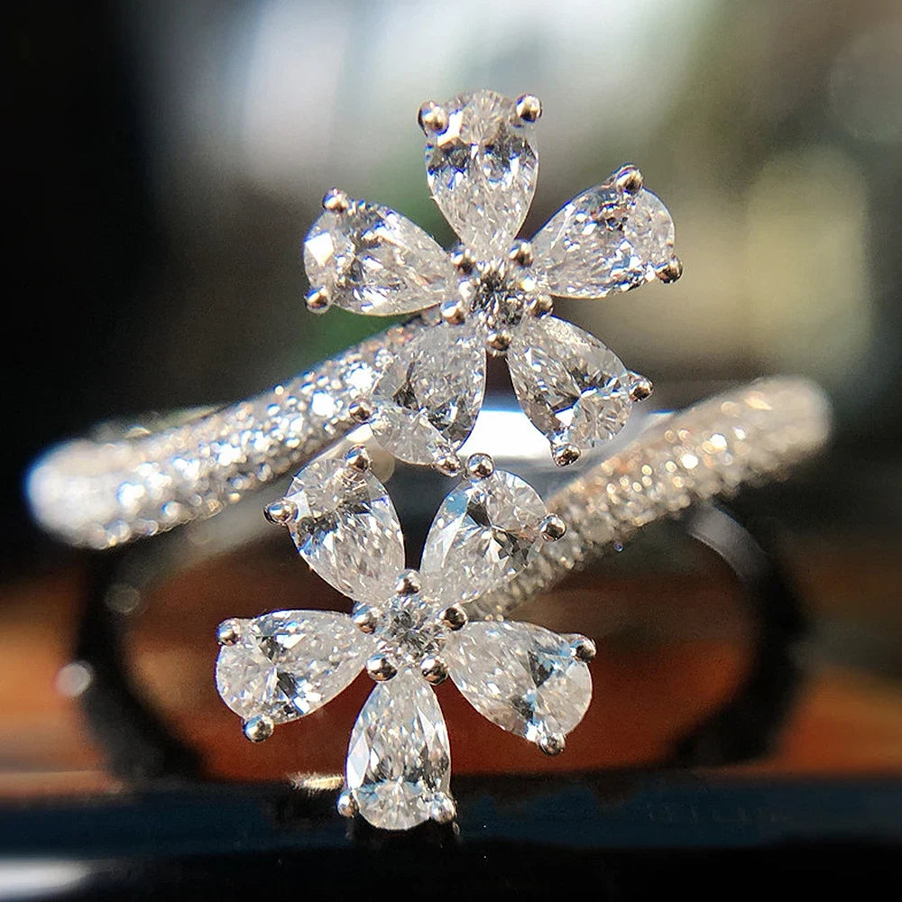 Huitan Luxury Crystal Flowers CZ Adjustable Opening Rings for Women Romantic Bridal Wedding Party Finger Rings Statement Jewelry