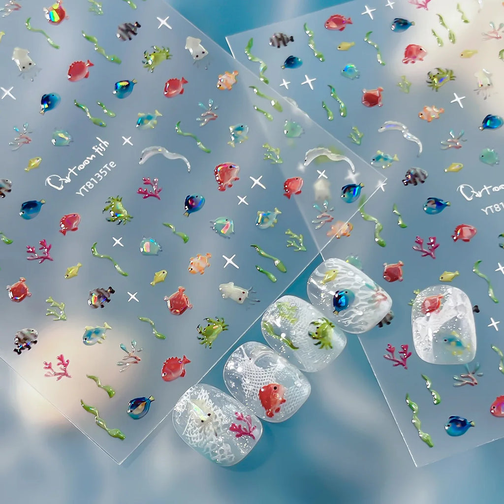 Summer Ocean Theme Nail Sticker Cute and Colorful Fish Seaweed Patterns Self Adhesive Nail Art Sticker Decorations Nail Stickers