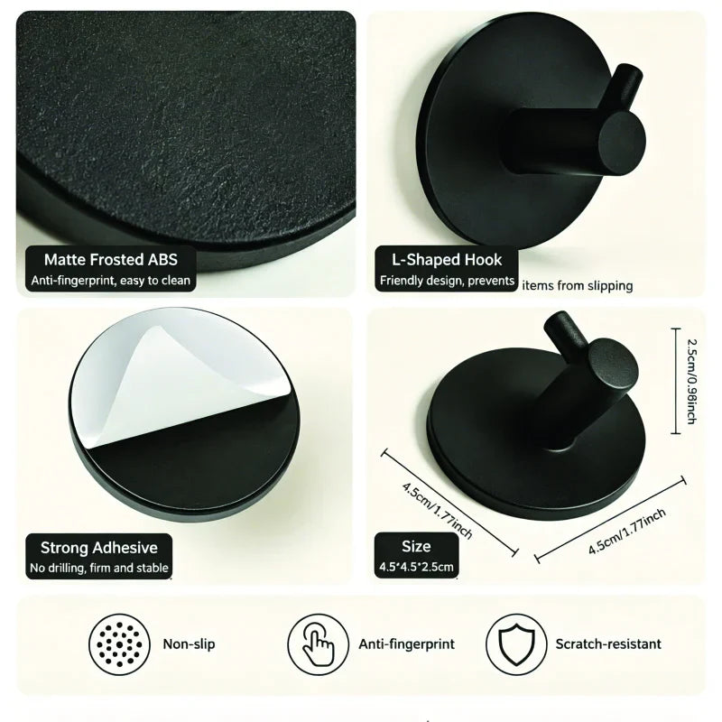 5 PCS Matte Black ABS Adhesive Wall Hooks Waterproof No Drill Heavy Duty Towel Hooks for Bathroom Shower Home Hanging