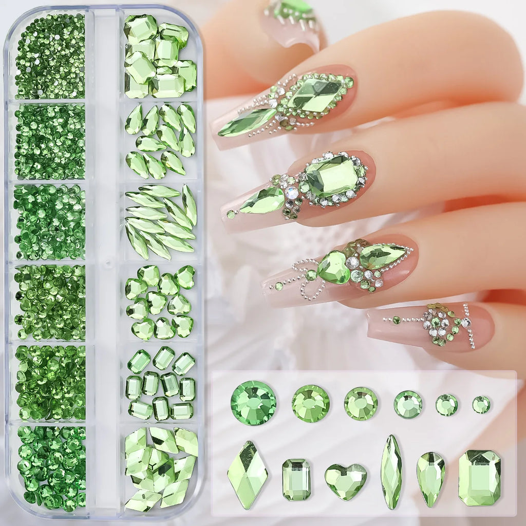 12 Grids Hot Selling Rhinestones Nail Art Charms 3D Set Multi-shapes Colorful Flatback Diamonds Nail Decoration DIY Nail Parts