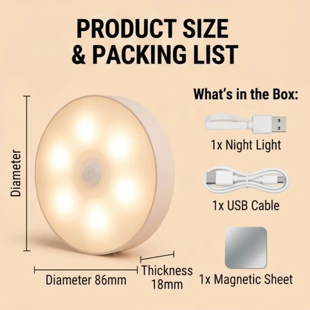Warm LED Night Light with Motion Sensor USB Rechargeable Wireless Lamp for Cabinet Wardrobe Staircase Closet Lighting
