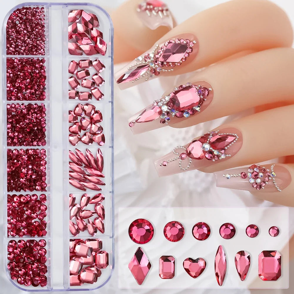 1000pcs+ Lake Blue Nail Rhinestones 12 Grids Mixed Shaped Non Hot Fix Flatback Crystal Nail Decoration DIY Luxury Nail Supplies