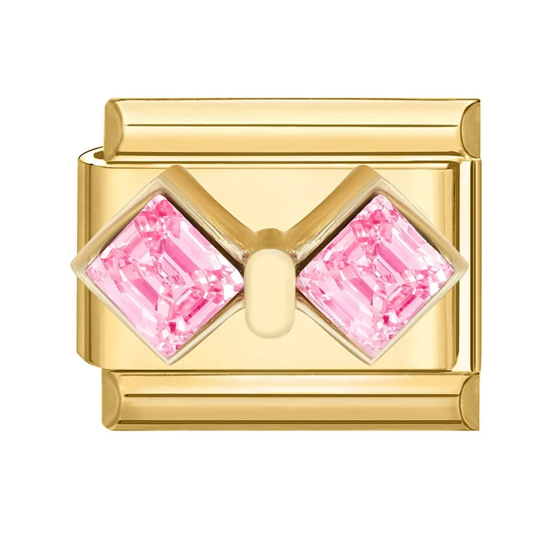Fashion Dreamy Luxury Gold Color Series Red Heart Bows Zircon  Italian Charms Fit 9mm Stainless Steel Women Bracelet DIY Jewelry