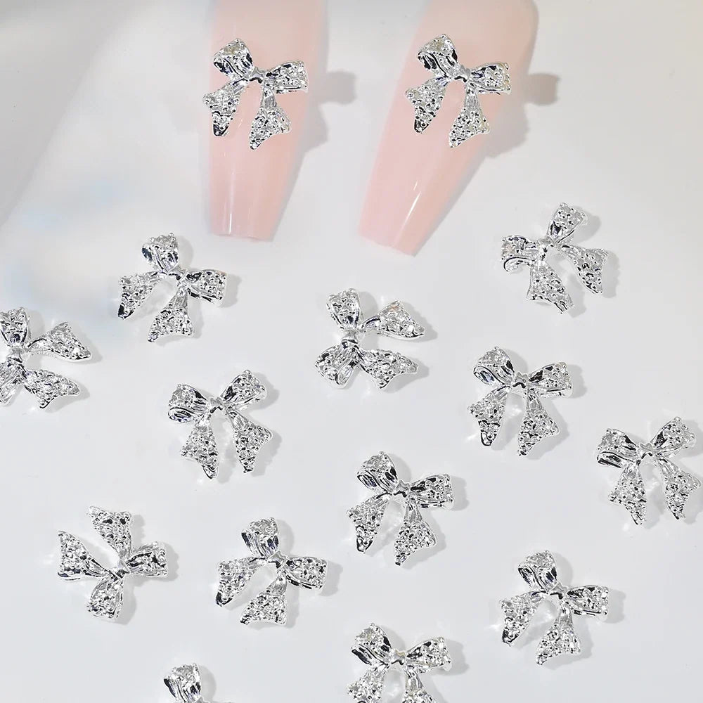50Pcs 3D Gold/Silver Alloy Ribbion Bowknot Nail Charms 10x11mm Alloy Bowknot Nail Art Decor 3D Luxury Alloy Bow Manicure Parts