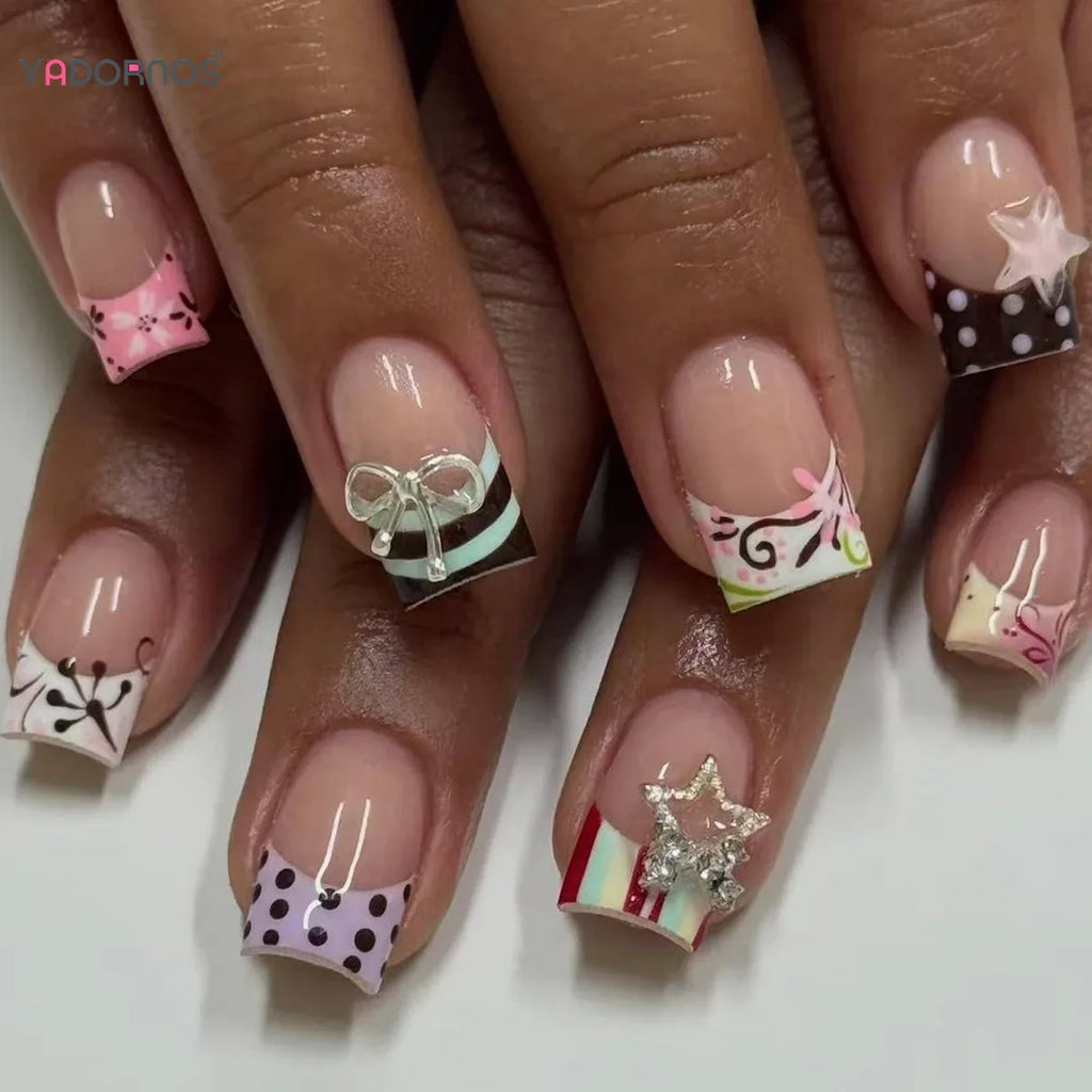 24pcs Stripes Polka Dot Colorful French Style False Nails Silver Metal Bowknot Stars Decor Press On Nails Y2k Square Fake Nail