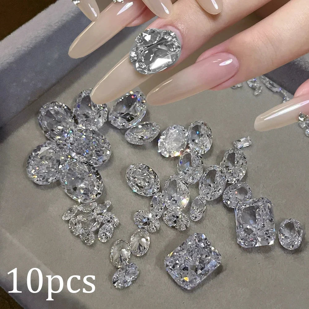 10pcs/bag Large Eggs Clear Zircon Nail Rhinestones Big/Small Square Oval Transparent Nail Art Charms Sparkle Manicure Decoration