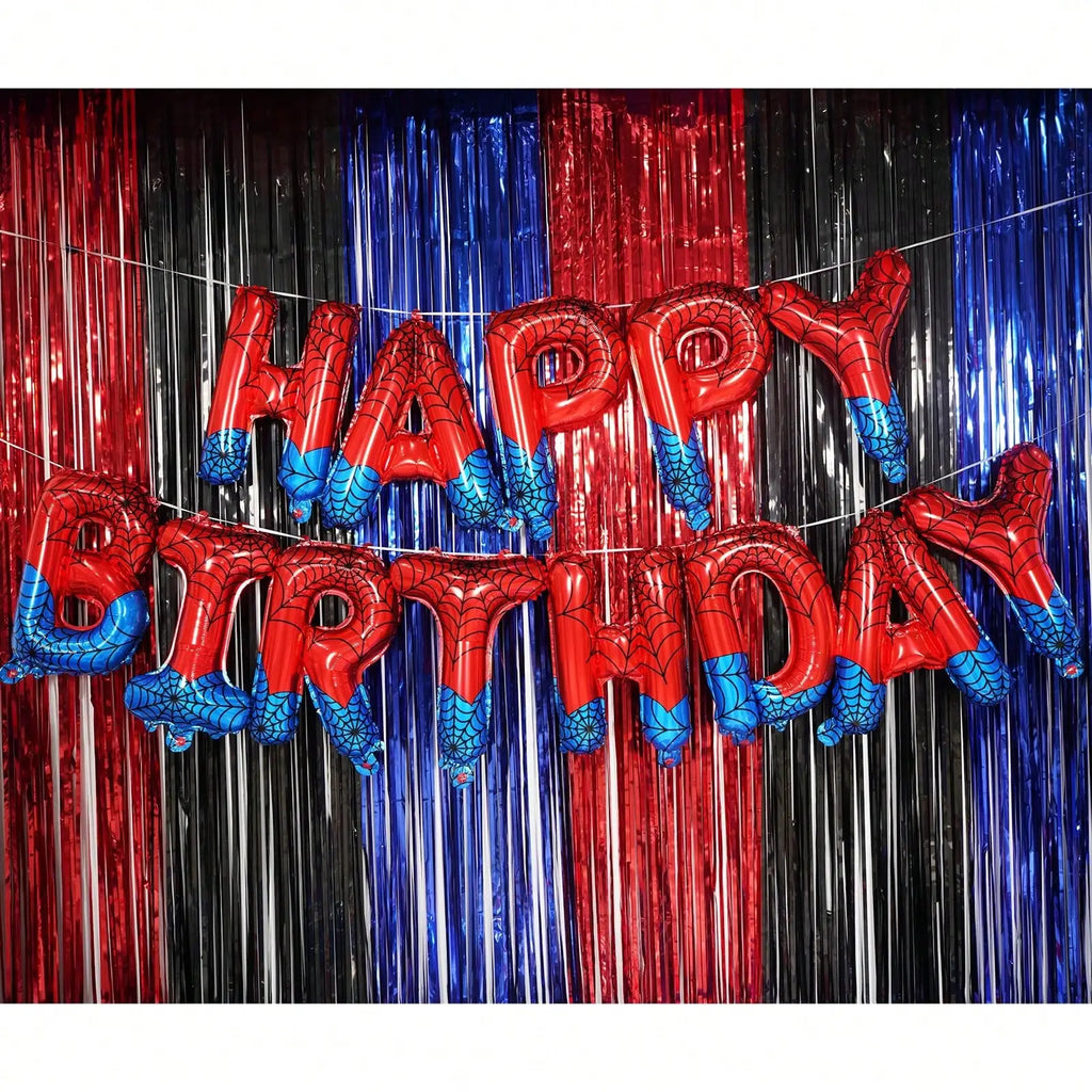 Spider Theme Happy Birthday Banner Balloons Red and Blue Letters Signs Superhero Birthday Party Decor Accessories Party Supplies