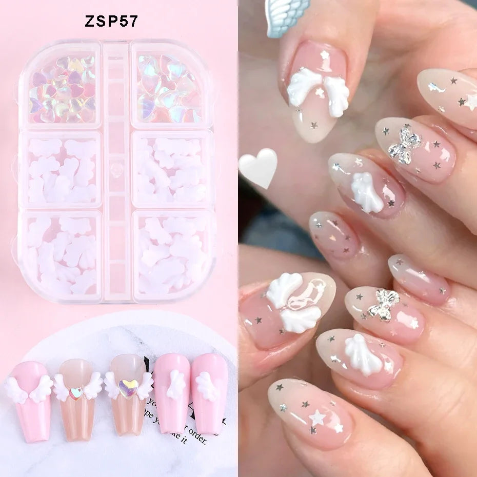 1 Box 3D Cute White Angel Wings Nail Art Charms Kawaii Love Heart Manicure Accessories Crystals Jewelry Part Nail Supplies Decor