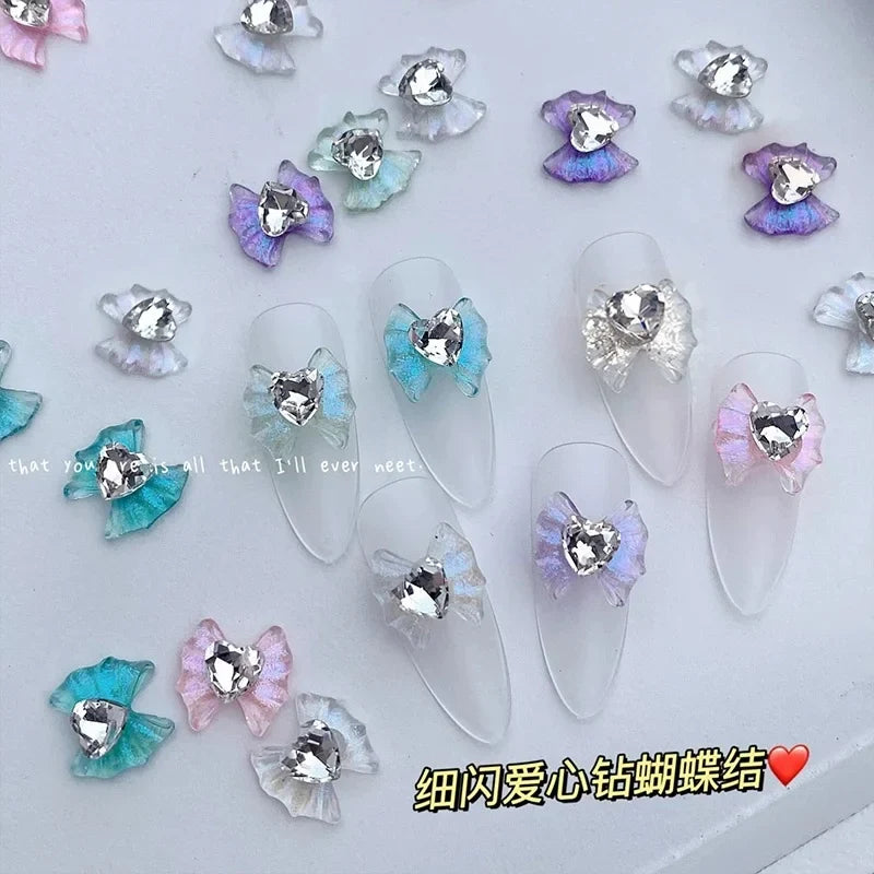 10pcs 3D White Glitter Bowknot Nail Art Charms Sparkle Ice Clear Resin Love Heart Diamond Nail Art Decorations Kawaii Nail Gems