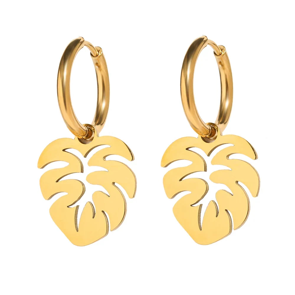 Stainless Steel Earrings Bohemian Tropical Plant Leaves Pendants Retro Glossy Aesthetic Hoop Earrings For Women Jewelry Girl New