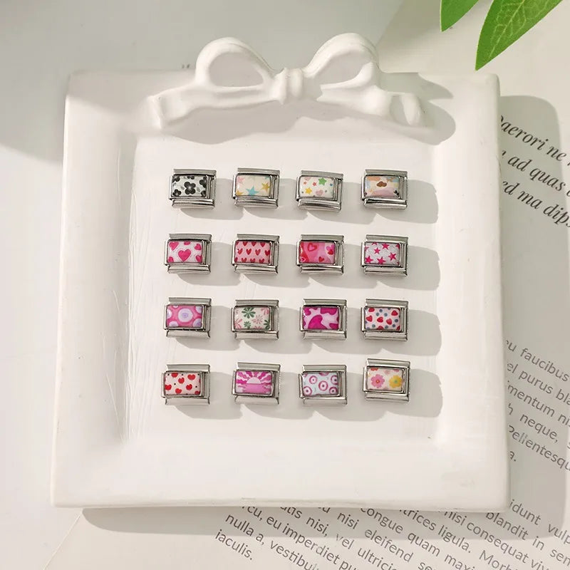 New Cute Colorful Dairy Cow Red Loving Heart Stars Leaf Flowers Italian Charm Links Fit 9mm Stainless Steel Bracelet DIY Making