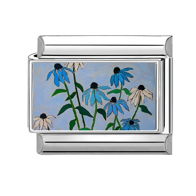 Wholesale Blue Series Beautiful Blue Flowers Italian Charms Fit 9mm Stainless Steel Women Fashion Bracelet DIY Jewelry Gifts