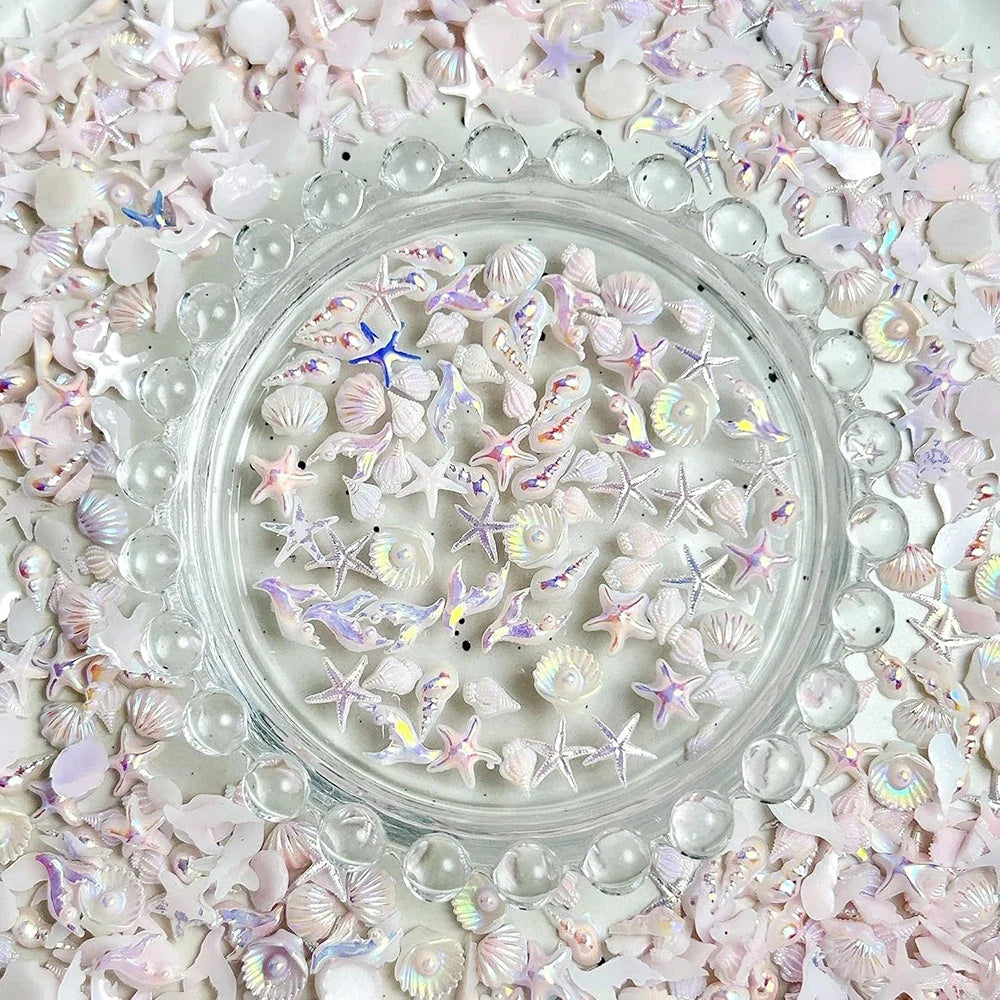 50pcs Mix Summer Beach Nail Rhinestones Ocean Theme Shell Starfish Manicure Charms Pink Ocean Gems Flat Back Nail Supplies