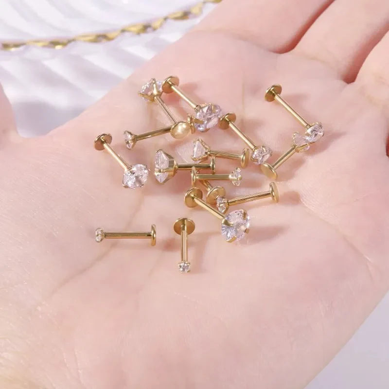 10Pcs/Lot 16G Stainless Steel Earrings Labret Lip Studs Set 2/3/4/5MM CZ Crystal Ear Cartilage Tragus Piercings Piercing Jewelry