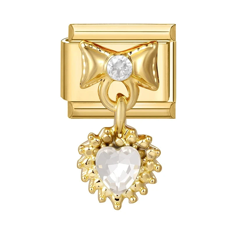 Fashion Dreamy Luxury Gold Color Series Red Heart Bows Zircon  Italian Charms Fit 9mm Stainless Steel Women Bracelet DIY Jewelry